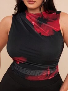 SHEIN BAE Mono elegante sin mangas con pliegues, estampado floral rojo y negro, adecuado para Navidad y Halloween, tallas grandes para mujeres