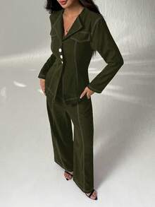 SHEIN PETITE 女式休闲纽扣长袖衬衫和宽松长裤套装秋冬女装 - 橄欖綠 - 查看 6