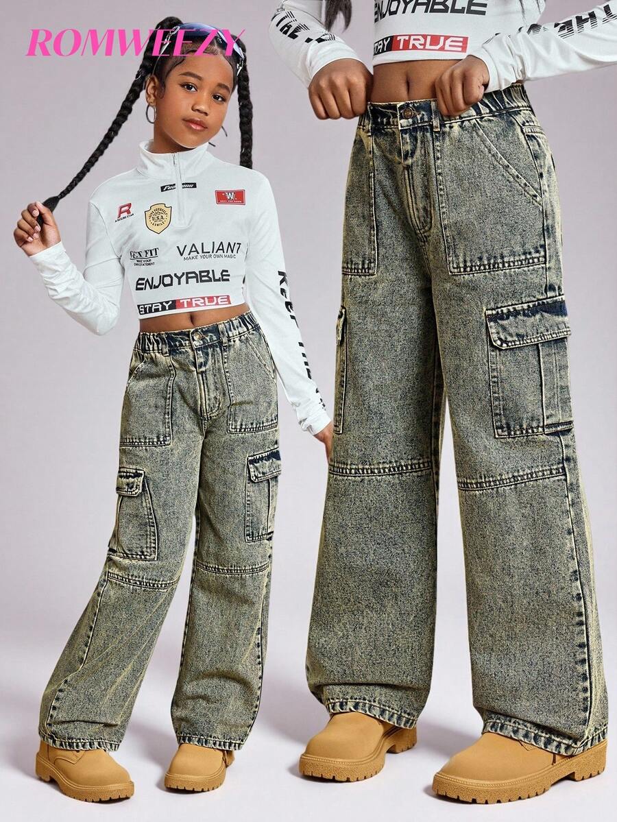 Jeans de pierna ancha para niña preadolescente, estilo callejero americano vintage con efecto desgastado, jeans casuales de corte holgado con bolsillos con solapa delanteros, cintura elástica cómoda, adecuados para uso diario, vuelta al colegio, salidas, vacaciones en la playa, pantalones cargo de mezclilla de moda para todas las estaciones