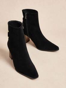 D-Ring Buckle Ankle Boots | Suede & Matte Leather Blend | 2" Chunky Heel | Pointed-Toe Elegance | 2 Pairs, Premium Leather-Look - Black - View 3