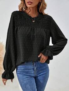 EMERY ROSE Casual Versatile Commute Solid Color Textured Long Sleeve Shirt - Black - View 5