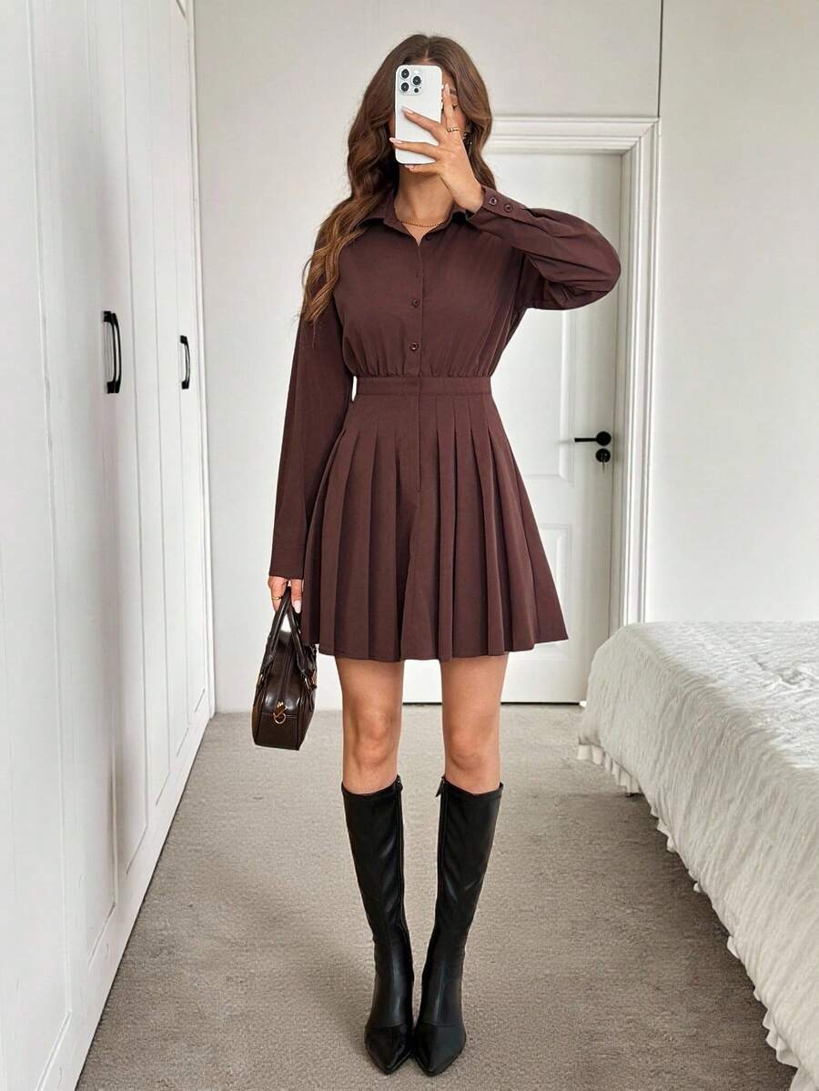 Easowa 净色褶裥下摆衬衫裙 - 咖啡棕 - 查看 1