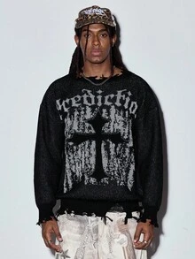 Modcrash 男士街头哥特提花图案做旧设计休闲宽松针织套头毛衣，圆领，落肩，长袖，秋冬款 - 黑色 - 查看 2