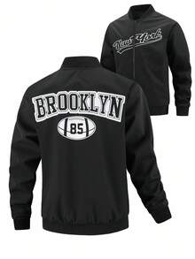 Manfinity Homme 男士加大码印花棒球服夹克，秋冬男士图案拉链夹克，黑色图案拉链飞行员夹克，纽约男士夹克，纽约飞行员夹克，返校季，黑色图案拉链夹克，男士图案夹克，图案拉链夹克，运动夹克 - 黑色 - 查看 1