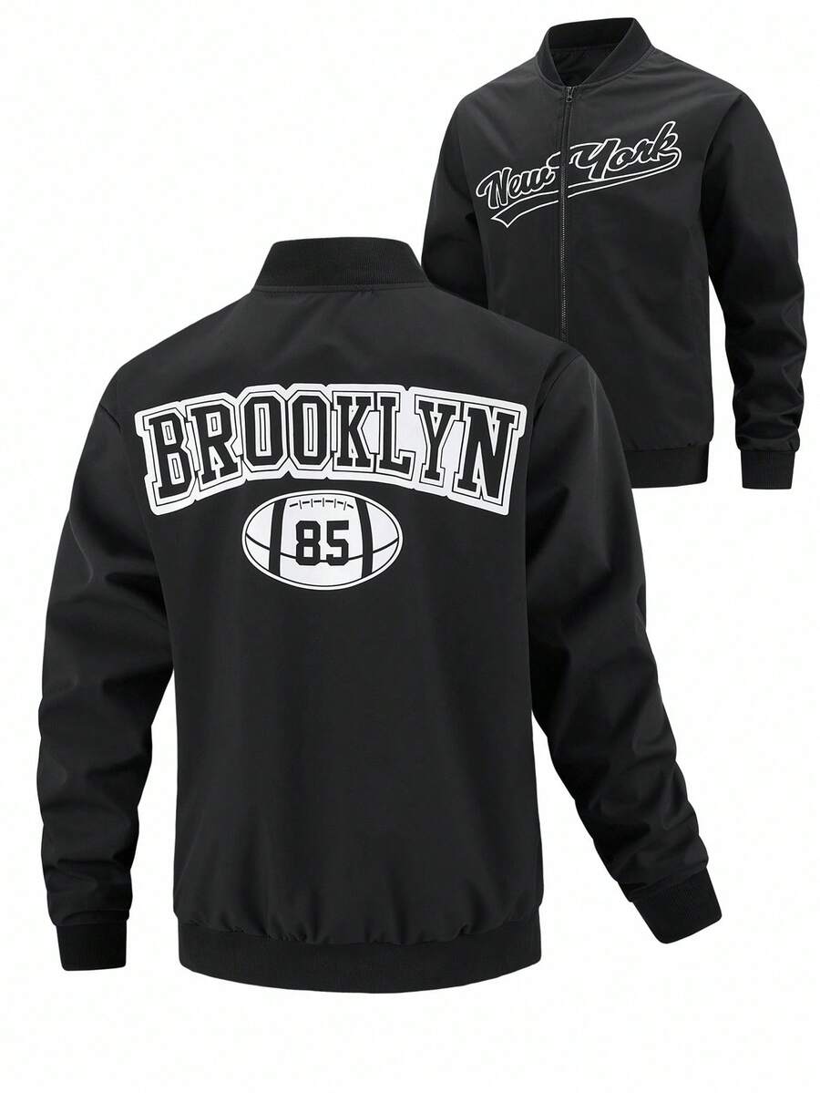 Manfinity Homme 男士加大码印花棒球服夹克，秋冬男士图案拉链夹克，黑色图案拉链飞行员夹克，纽约男士夹克，纽约飞行员夹克，返校季，黑色图案拉链夹克，男士图案夹克，图案拉链夹克，运动夹克 - 黑色 - 查看 1