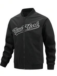 Manfinity Homme 男士加大码印花棒球服夹克，秋冬男士图案拉链夹克，黑色图案拉链飞行员夹克，纽约男士夹克，纽约飞行员夹克，返校季，黑色图案拉链夹克，男士图案夹克，图案拉链夹克，运动夹克 - 黑色 - 查看 4