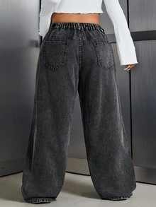 SHEIN CURVE+ 大码休闲简约牛仔裤，适合夏季，曲线加大，Hoho 度假 - 黑色 - 查看 2