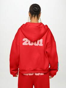 SUMWON WOMEN Varsity Badge Sweatshirt Zip Up Hoodie Patchwork Applique Jersey Numbers Letter Patches Casual Streetwear Fall Winter Loungewear - Red - View 7