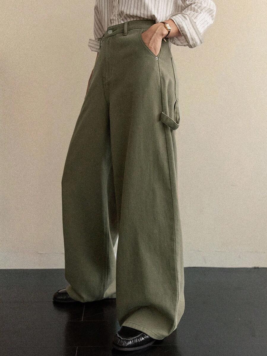 Dazy-Less Quần jeans nữ dáng rộng, ống loe có túi, kiểu dáng công sở thường ngày. - xanh quân đội - Xem 1