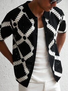 Manfinity Hypemode Men's Boxy Fit Button Through Crochet Knit Shirt