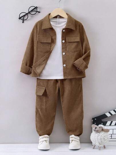 Sparklyn 2件套纯色男童休闲衬衫和裤子套装