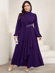 Veilorie 大码女式纯色立领灯笼袖腰部仿珍珠装饰优雅阿拉伯长裙 - 紫色 - 查看 1