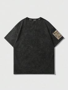 ROMWE MEN Street Life Men's Retro Anime Acid-Washed Crew Neck Short Sleeve T-Shirt, Suitable For Spring And Summer - Black - View 2