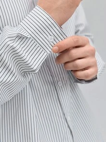 Officeau Men's Black Striped Formal Shirt, Gentlemanly & Simple Striped Long Sleeve Shirt, Slim Fit, Suitable For Business, Casual Wear In Spring/Autumn/Summer, Fall Old Money Men's Dress Shirt Spring To Summer - Black and White - View 6