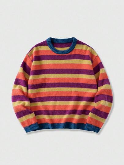 Street Life كنزة صوفية صوفية مخططة مطرزة للرجال، قياس فضفاض، للخريف والشتاء