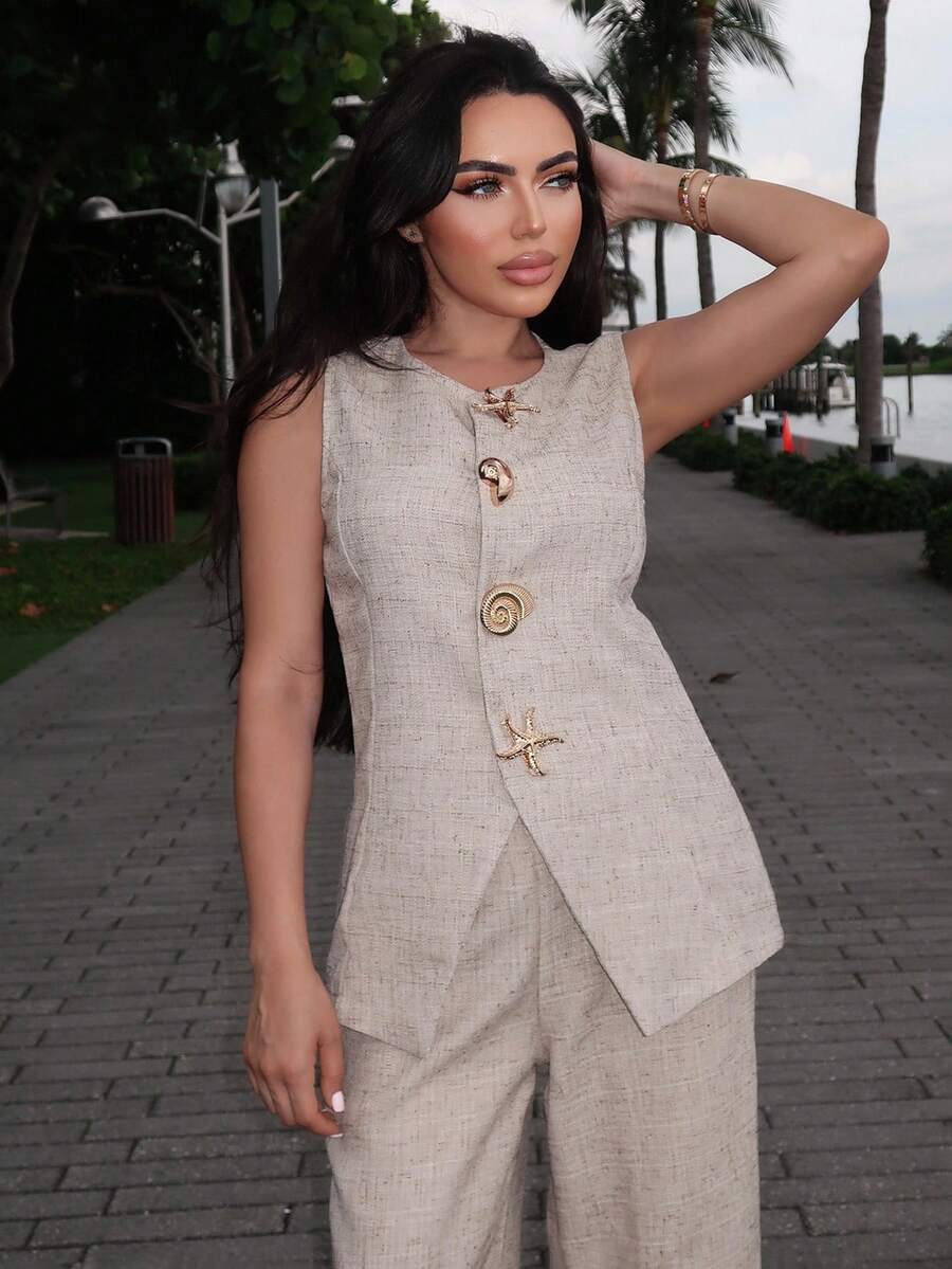 Durrani Popal Women's Sleeveless Elegant Top With Shell & Star Buttons - Apricot - View 1