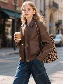 SHEIN 少女休闲百搭复古街头棕色皮夹克，翻领设计，适合上学、通勤、旅行等场合，可搭配长袖毛衣、背心、连帽衫、裤子、牛仔裤、运动裤等，秋冬季穿着舒适。 - 棕色 - 查看 4