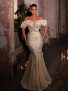 Glamrae Elegant Light Blue Luxurious Fully Beaded Embroidered Off-Shoulder Mesh Ruffle Nude Lining Sheer Mermaid Maxi Dress With Adjustable Back Tie, Suitable For Dates, Vacations, Parties, Weddings, Formal Events - Champagne - View 5