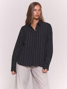 MUSERA 条纹长袖纽扣衬衫，适合度假、节日、休闲、优雅的托斯卡纳阳光海滩秋季、优雅假日、派对、春夏复活节等场合。 - 黑色 - 查看 1