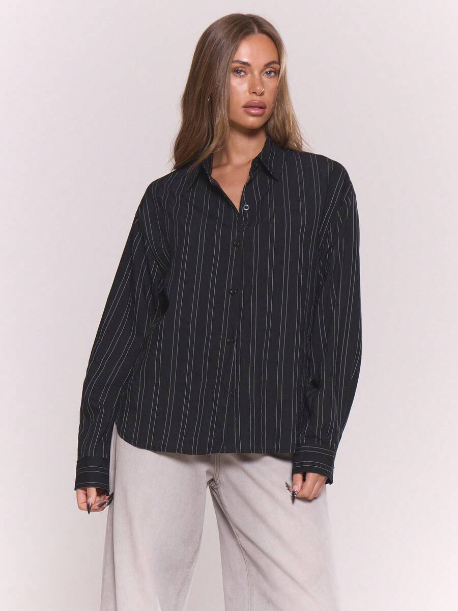 MUSERA 条纹长袖纽扣衬衫，适合度假、节日、休闲、优雅的托斯卡纳阳光海滩秋季、优雅假日、派对、春夏复活节等场合。 - 黑色 - 查看 1