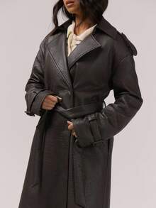 MUSERA 仿皮腰带系带细节翻领长款风衣，优雅晚装冬季复古风外套，尽显高贵气质。 - 咖啡棕 - 查看 2