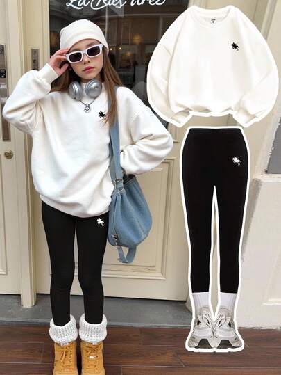 SHEIN Leap Crew 2 件套青少年女孩休闲宽松厚实柔软图案运动衫和紧身裤套装，黑白迷你标志图案，适合秋冬季秋季服装