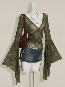 SHEIN ICON Vintage Retro Print Mesh Sheer V-Neck Flare Sleeve Women Top Bell Sleeves Boho Top