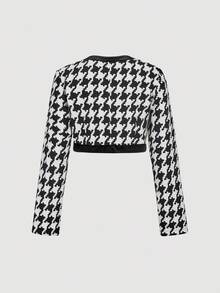 SHEIN MOD 女士休闲百搭长袖纽扣千鸟格纹外套，适合舞会、优雅场合、新年、圣诞节、万圣节装扮、冬季、秋季穿着，展现老钱家族风格，也适合吸血鬼、女巫、哥特等风格。 - 黑與白 - 查看 3