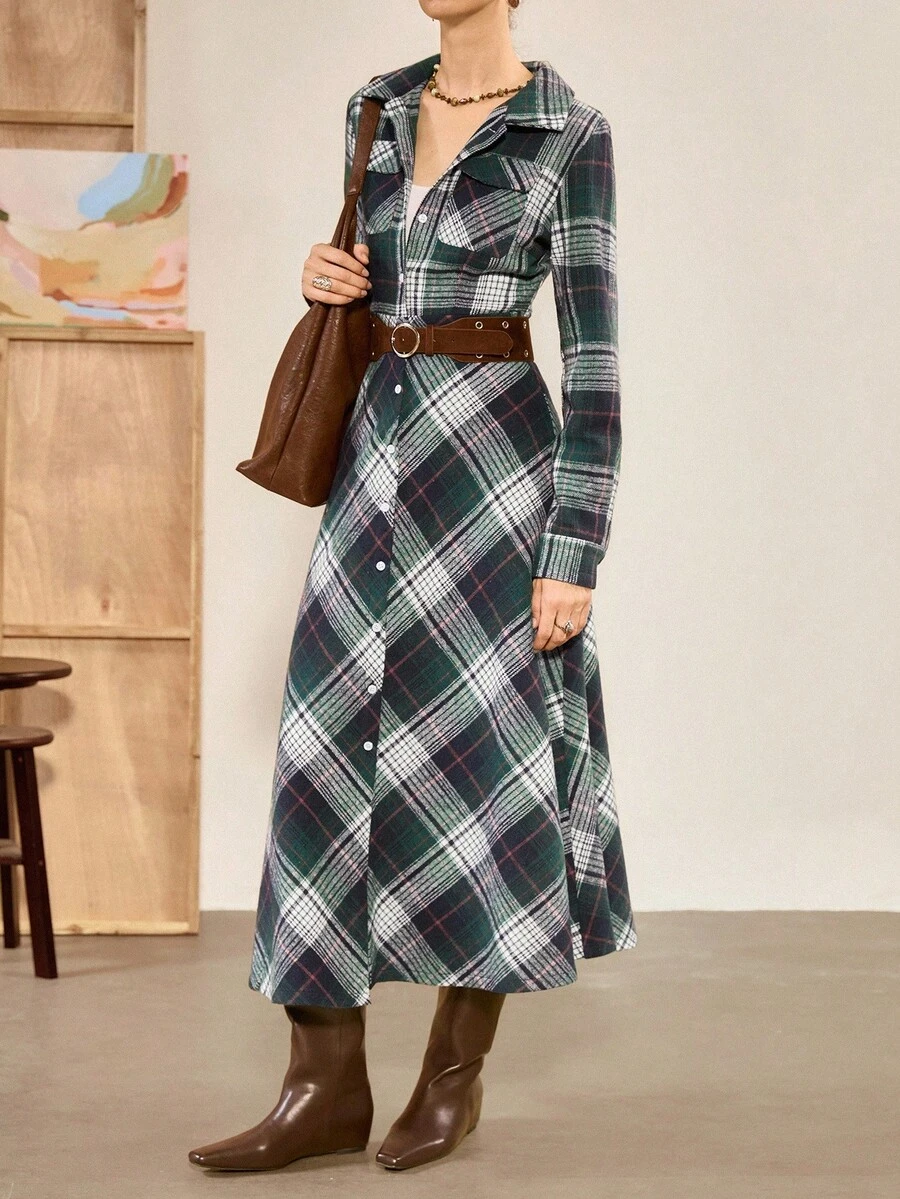 Florisole Vestido feminino vintage xadrez vermelho-marrom, manga comprida, abotoamento simples, cintura franzida, estilo para deslocamento, primavera/outono - Multicolorido - Ver 1
