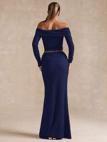 SHEIN BAE Bộ áo trễ vai màu trơn dự tiệc thanh lịch và chân váy đuôi cá - Màu xanh hải quân - Xem 2