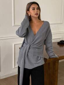 女士纯色宽松斜领系带休闲优雅开衫，秋冬 - 灰色 - 查看 9