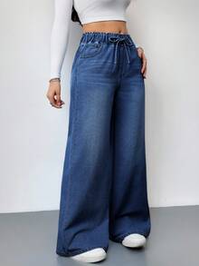 SHEIN Tall CURVE Plus Size Women Belted Pocket Wide Leg Loose Casual Jeans - Dark Wash - View 4