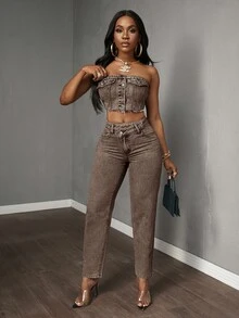 SHEIN Tall CURVE Quần jean ống côn cạp trễ bất đối xứng cho nữ cỡ lớn - Cà phê nâu - Xem 6