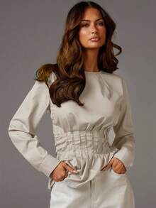 Athîral 女式纯色圆领长袖修身衬衫