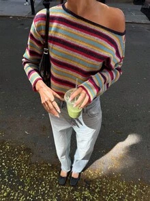 女士条纹斜肩长袖短款休闲时尚T恤 - 彩色 - 查看 4