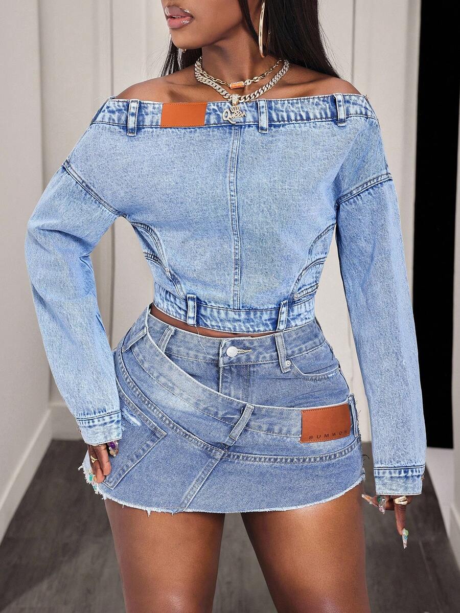 BamGleam Fashionable Casual Shoulder Denim Top For Women - Blue - View 1