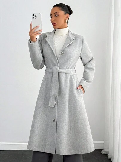 EURMUSE Light Grey Belted Wool Coat: Classic Straight Fit, Perfect For Office Wear Or Formal Winter Occasions, Made From Soft And Warm Wool Blend Fabric With Minimalist Button Closure And Waist Tie