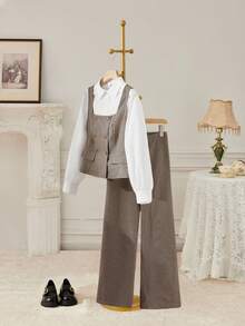 SHEIN MOD 大码格子西装套装、背心和裤子、无袖缺口领经典格子背心、高腰宽松格子阔腿裤、复古、办公室、正式、学术、商务，秋冬 - 彩色 - 查看 1