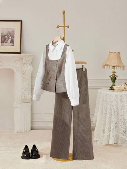 SHEIN MOD 大码格子西装套装、背心和裤子、无袖缺口领经典格子背心、高腰宽松格子阔腿裤、复古、办公室、正式、学术、商务，秋冬