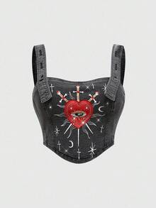 ROMWE Hippie Women's Summer Fashion Heart & Cross Embroidered Denim Blouse - Black - View 1