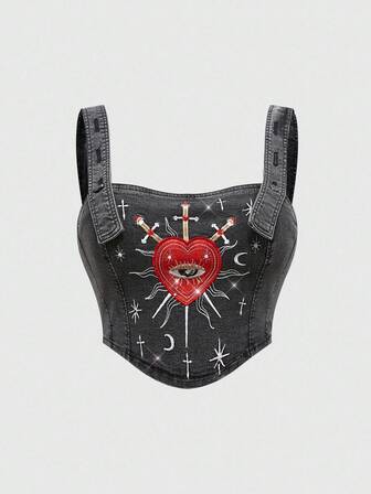 Hippie Women's Summer Fashion Heart & Cross Embroidered Denim Blouse