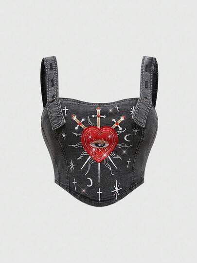 Hippie Women's Summer Fashion Heart & Cross Embroidered Denim Blouse