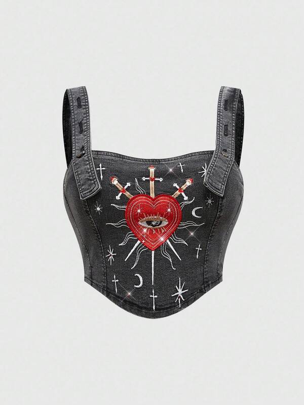 ROMWE Hippie Women's Summer Fashion Heart & Cross Embroidered Denim Blouse