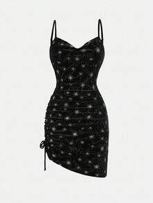 Pitira Teen Girls Black Velvet Draped Neck Ruched Snug Fit Party Dress,Snowflake Star Pattern Sequin Sparkle Camisole Dress,Black And White,Summer,Rave - Black - View 2