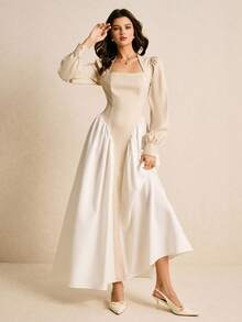 Poéselle 女士撞色天鹅领泡泡袖褶皱连衣裙，优雅 - 杏色 - 查看 1