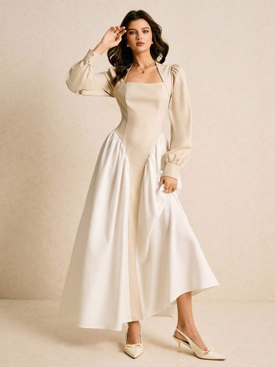 Poéselle 女士撞色天鹅领泡泡袖褶皱连衣裙，优雅 - 杏色 - 查看 1