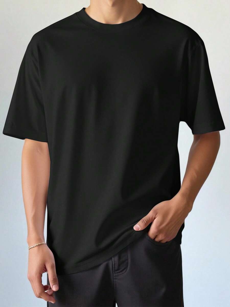 SHEIN 青少年男童纯色休闲百搭舒适圆领短袖 T 恤，适合通勤、上学、日常休闲、度假、运动、春夏季 - 黑色 - 查看 1