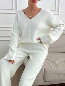 EURMUSE Petite Petite Women V-Neck Oversize Sweater And Knit Pant Set - White - View 2