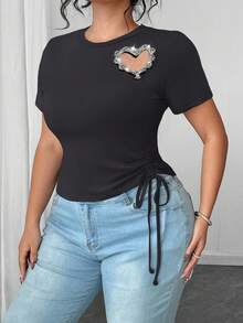 Elenzga Plus Size Round Neck Short Sleeve Casual T-Shirt With Side Tie Drawstring And Heart Shaped Pearl Decor - Dark Grey - View 6