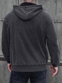 Manfinity CasualCool 男士拼布纹理水洗连帽衫 Manfinity 休闲酷炫男士休闲日常穿着，特别高端的小众黑色复古水洗棉几何针织纹理提花面料拼接宽松落肩连帽卫衣，适合秋季 - 黑色 - 查看 2